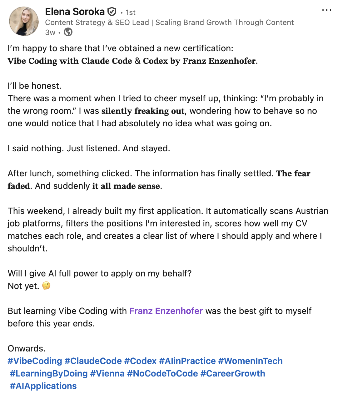 Elena Soroka's LinkedIn post about the Vibe Coding workshop