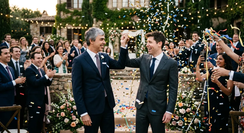 AI and Search getting married - satirical editorial photo for GEO workshop