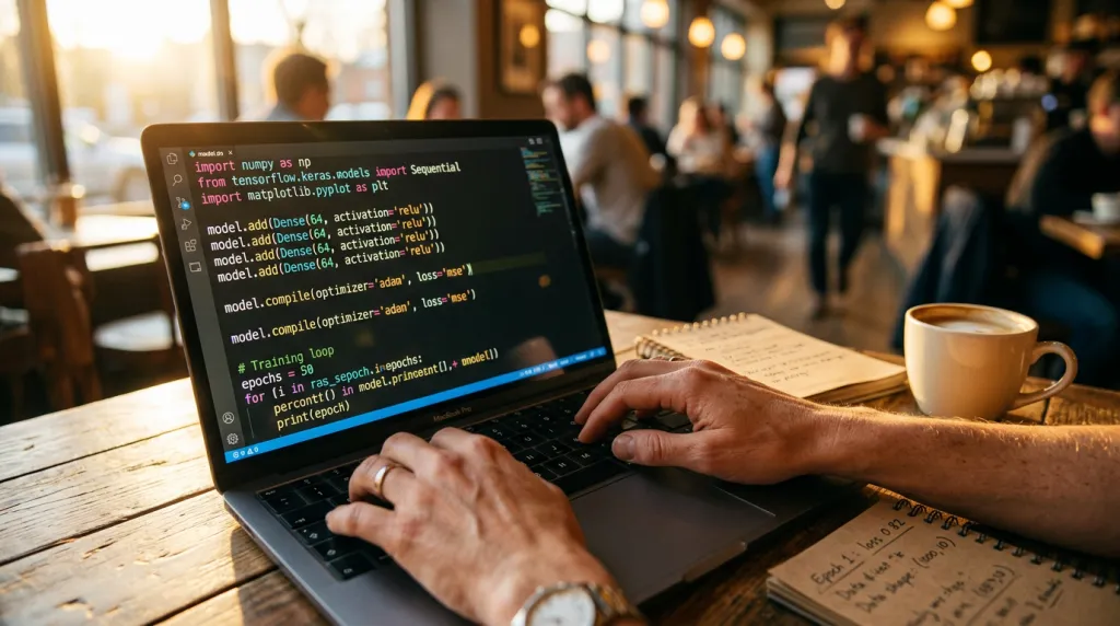 Close-up of hands on laptop with AI code on screen