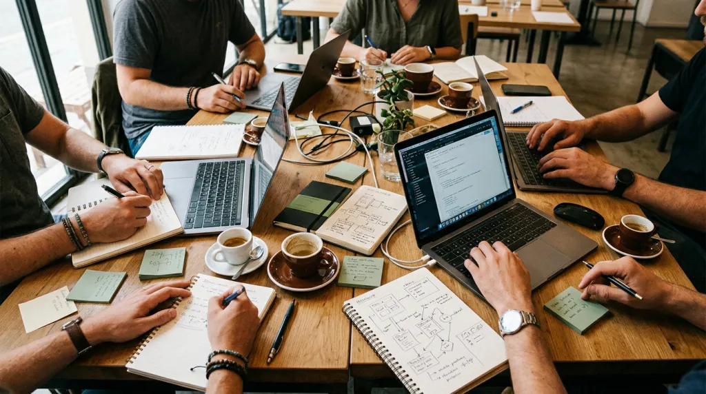 Bird's eye view of a workshop table with laptops and notebooks